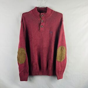 Chaps Sweater Mens L Red Knit Pullover Elbow Patch Quarter Button Mock Neck